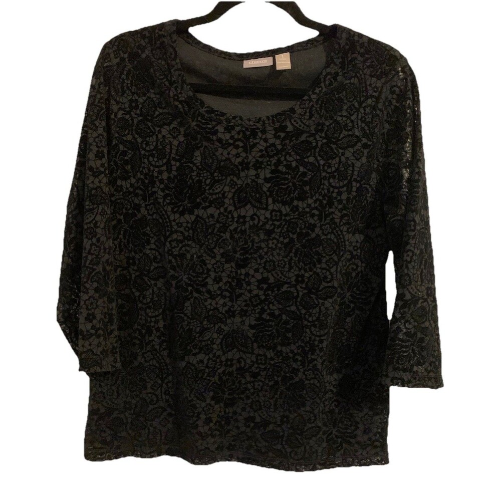 Chicos Size 1 Womens Medium Top Velvet Burnout Lined Black Textured 3/4 Sleeves